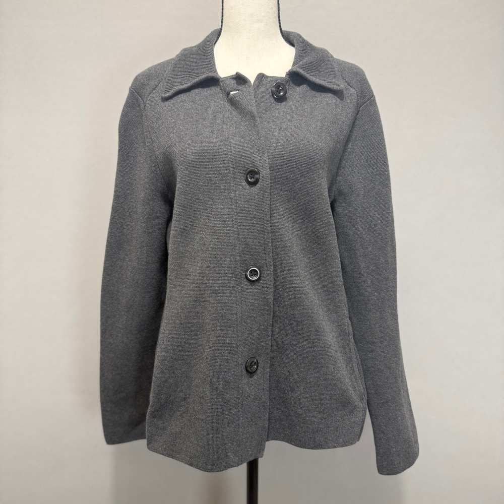 Coldwater Creek M Cardigan Gray Button Front Cotton Knit Sweater Jacket Collared